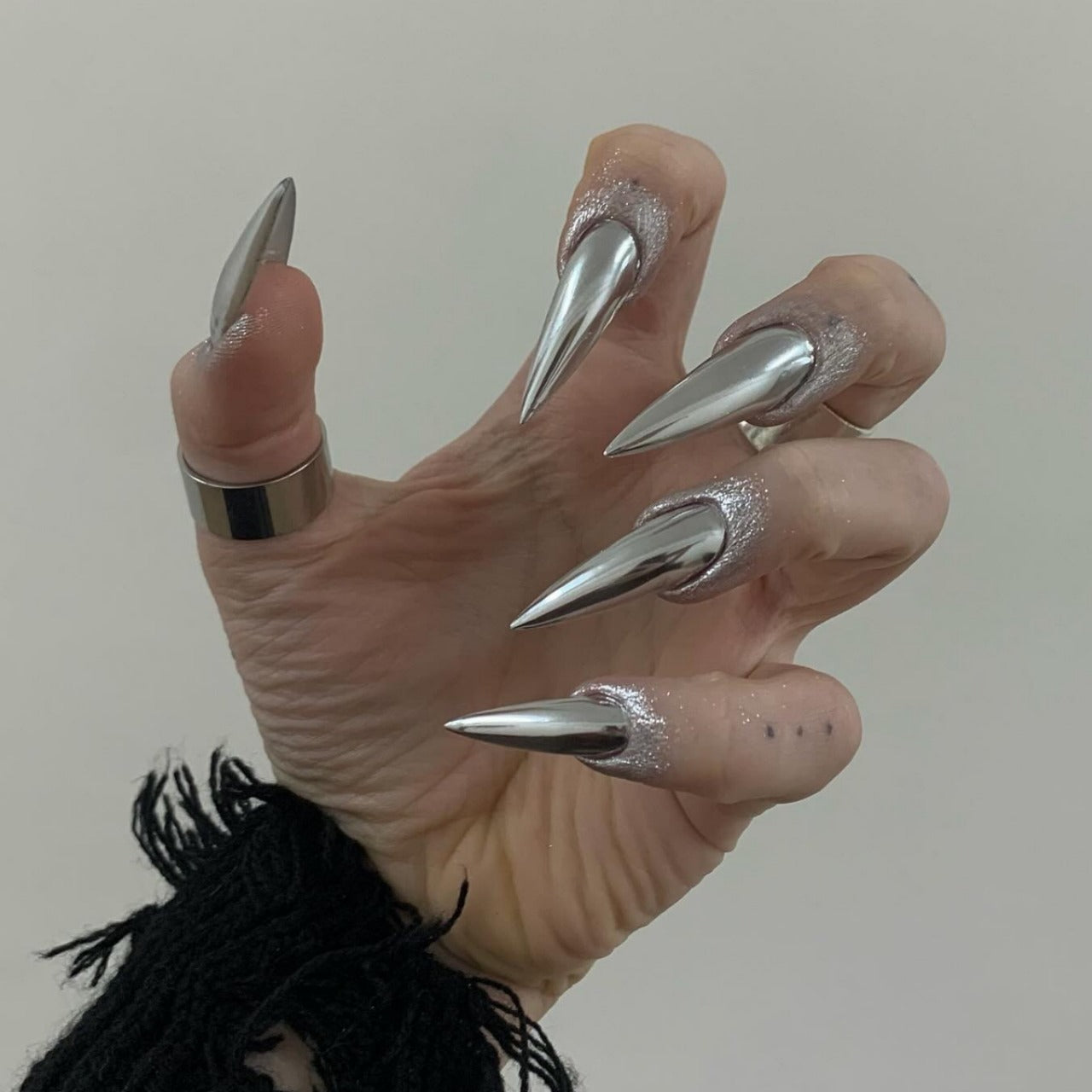 Fierce Fantasy Stiletto Silver Press On Long Nail Set with Glittery Accent Tips