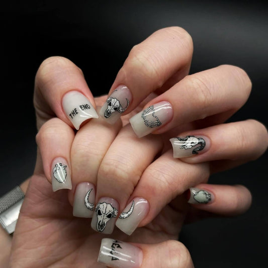 Boho Chic Long Square Clear Press on Nail Set with Unique Skull and Heart Designs