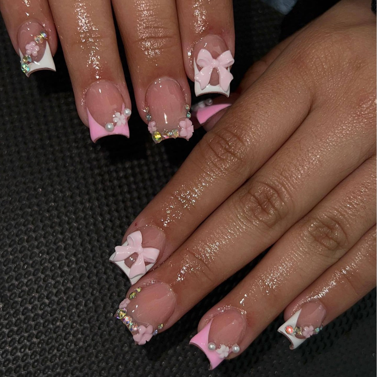 Chic Floral Inspiration Medium Duck Pink and White Press On Nail Set with 3D Bow and Gemstone Accents