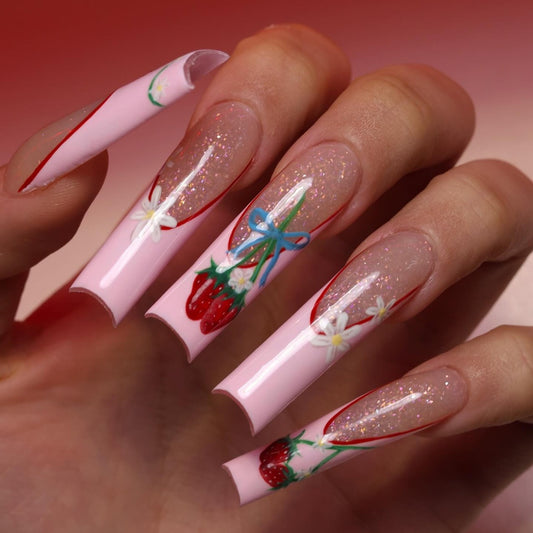 Strawberry Bliss Long Square Pink Glitter Floral Press On Nail Set