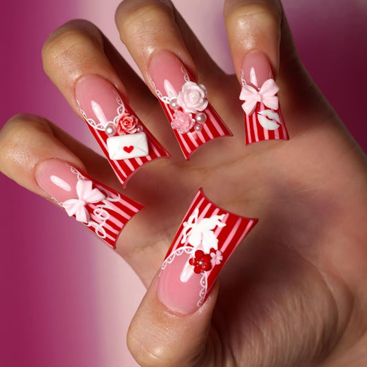 Sweetheart Romance Long Duck Red Press On Nail Set with Floral Accent and Elegant Bows