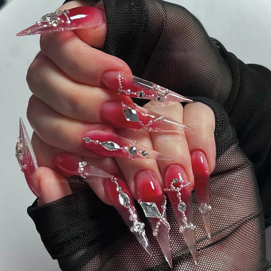 Glamorous Lengthy Stiletto Press On Long Nail Set in Ombre Pink with Stunning Gemstone Accents