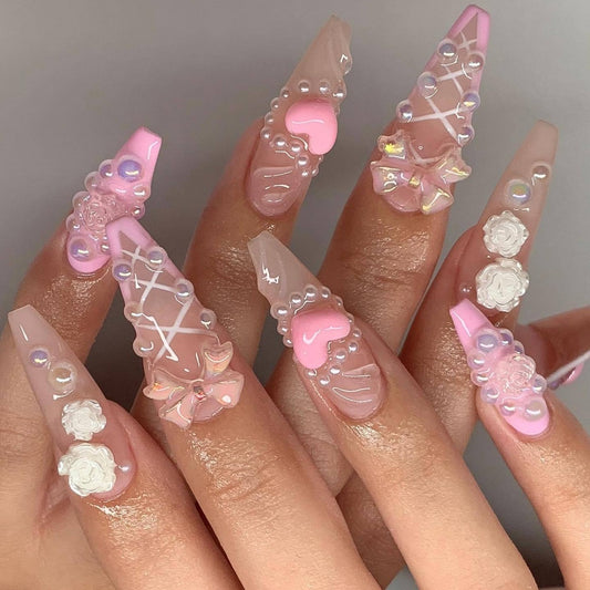 Sweetheart Glamour Long Coffin Pink Transparent Nails with 3D Floral and Heart Accents