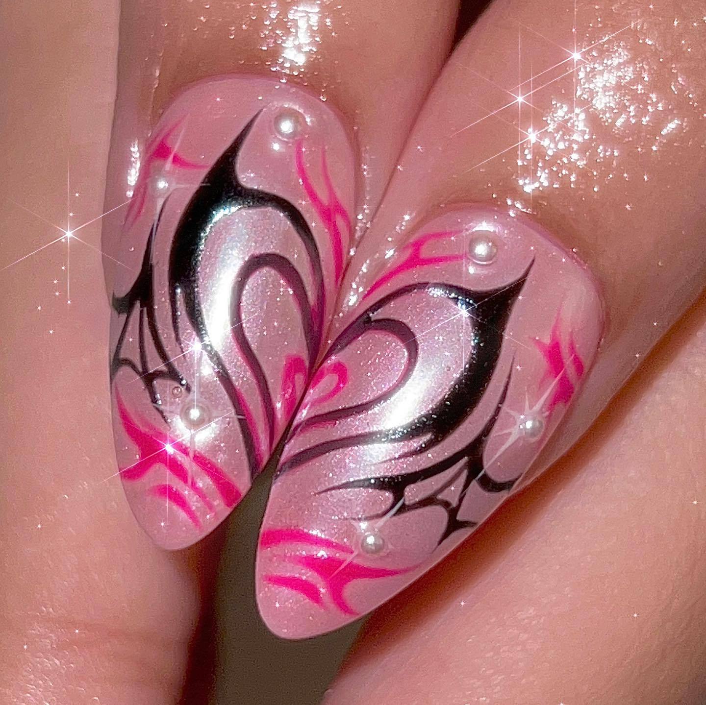 Glamorous Butterfly Dreams Long Almond Pink and Black Press On Nail Set with Pearl Accents