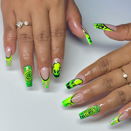 Alien Glow Long Coffin Press On Nail Set Neon Green with Swirling Designs and Unique Graphic Art