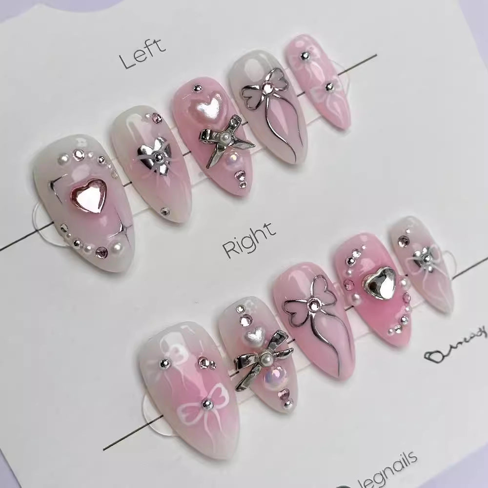 Chic Romance Long Almond Shape Pink and White Press On Nail Set with Heart and Bow Decorations