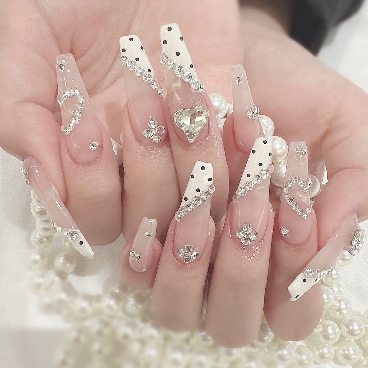 Glamourous Romance Long Coffin Press On Nail Set Clear and White with Rhinestones and Heart Design