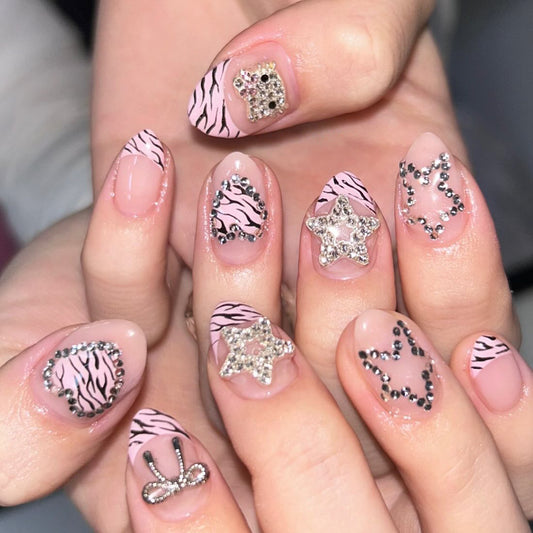 Glamorous Jungle Vibes Pink Almond Press On Medium Nail Set with Stunning Animal Print and Sparkling Jewel Accents