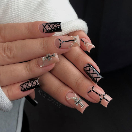 Gothic Charm Long Square Black and Beige Press On Nail Set with Elegant Silver Chains and Cross Designs