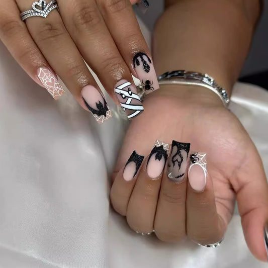 Spooky Elegance Long Square Black and Beige Press On Nail Set with Spider Web and Mummy Design