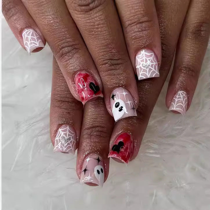 Spooky Halloween Medium Square Red and White Press On Nail Set with Ghost and Spider Web Design