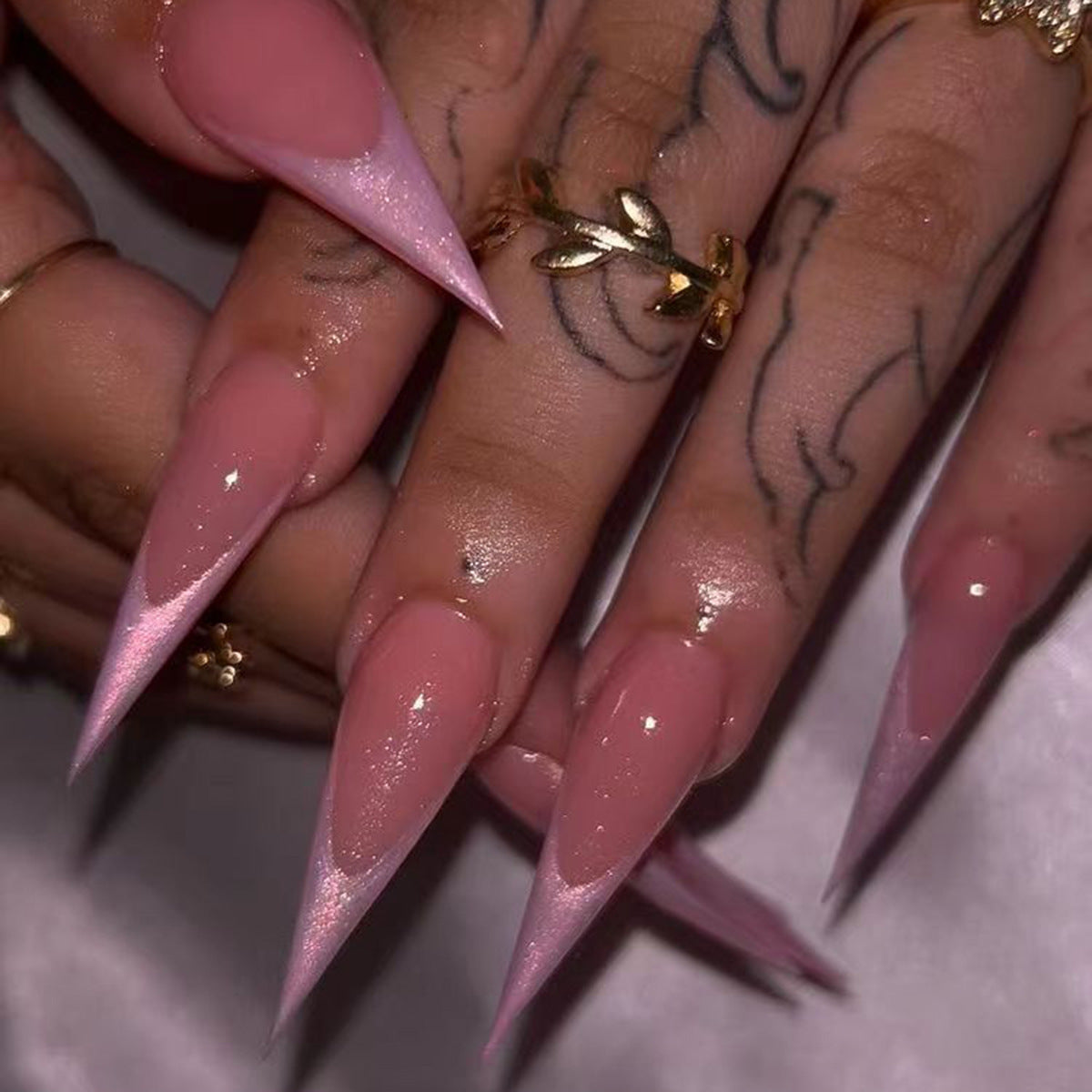 Glamorous Fairy Tale Long Stiletto Press On Nail Set in Blush Pink with Iridescent Ombre Tip Design