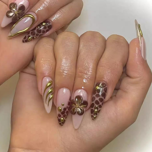 Elegant Garden Inspired Long Almond Press On Nail Set in Soft Pink and Deep Brown with Floral and Gold Accents