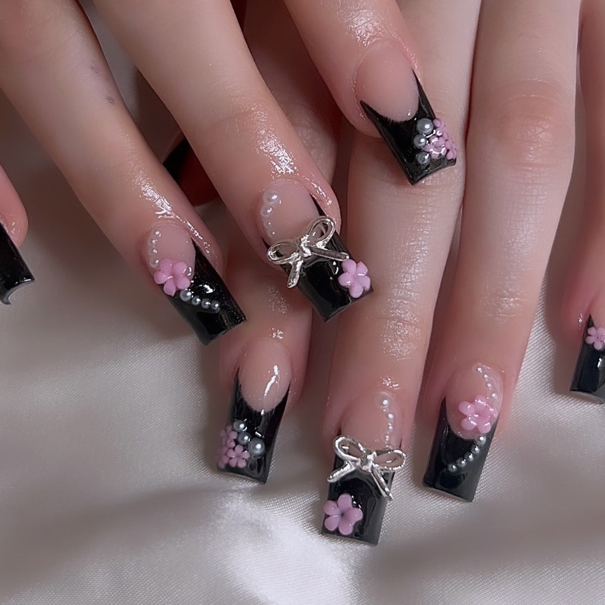 Chic Floral Elegance Long Square Black and Pink Press On Nail Set with 3D Bow and Pearl Accents