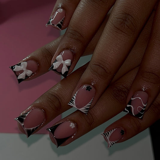 Chic Floral Bow Design Medium Square Pink and Black Press On Nails with 3D Accents