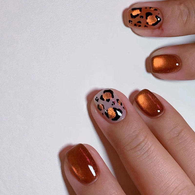 Autumn Spice Medium Squoval Burnt Orange Leopard Print Press On Nail Set