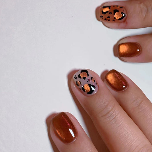 Autumn Spice Medium Squoval Burnt Orange Leopard Print Press On Nail Set