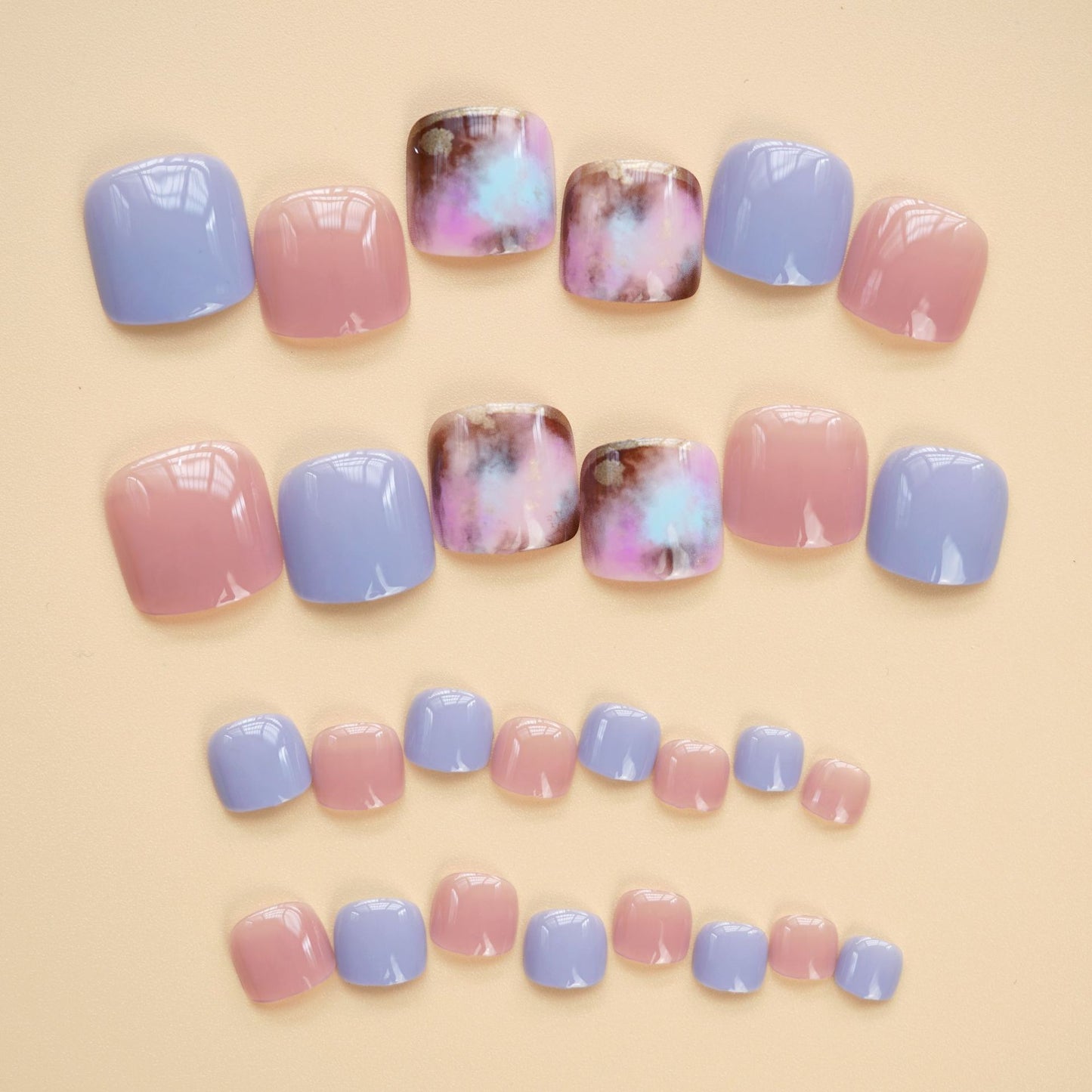 Galaxy-Inspired Short Length Square Press On Toenail Multicolor Marble Effect Lavender Pink Nail Set