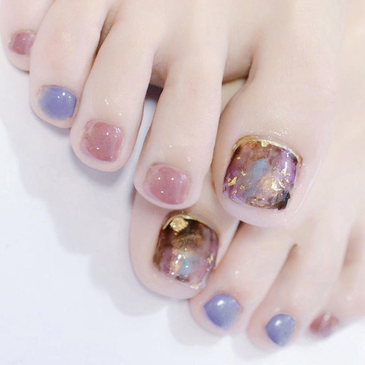 Galactic Sparkle Short Square Lavender & Mauve Press on Toenail Set with Gold Foil Accents