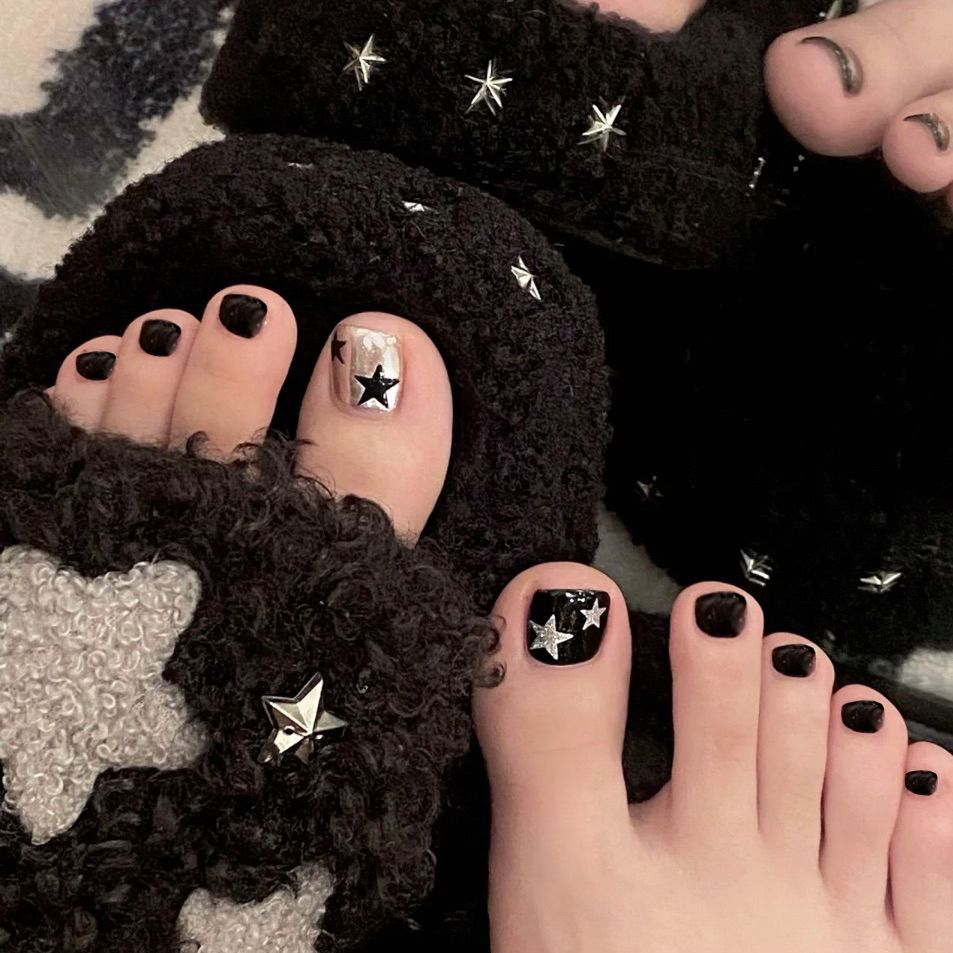 Starry Night Collection Short Square Black Press On Toenails with Shiny Star Accents