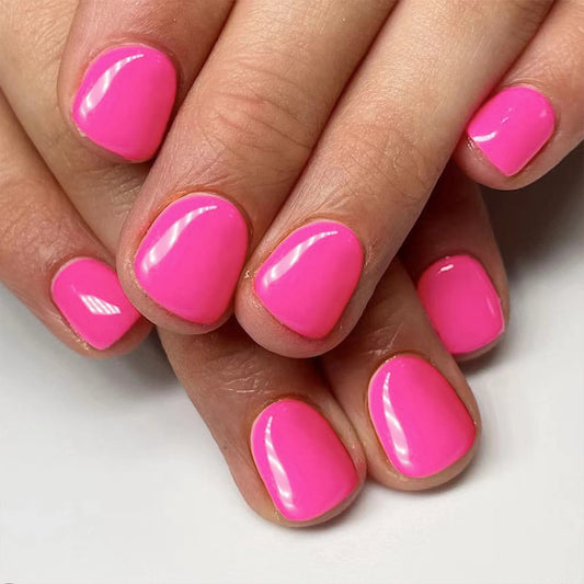 Tropical Vibes Short Oval Bright Pink Glossy Press On Nail Set Perfect for Summer Fun