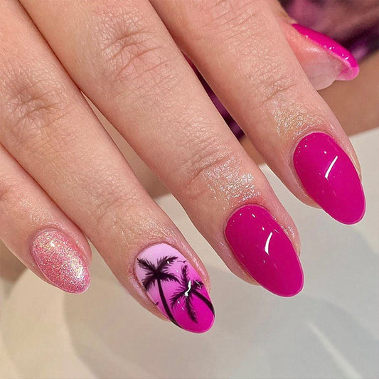 Tropical Paradise Long Almond Pink Press On Nail Set with Glitter and Palm Tree Design