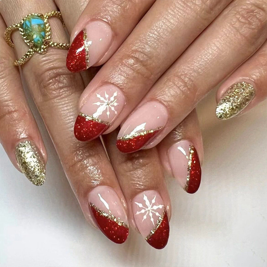 Winter Wonderland Medium Almond Red and Gold Press On Nail Set with Snowflake Design