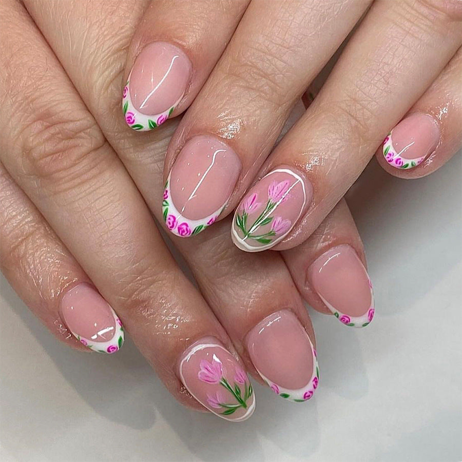 Enchanting Floral Elegance Long Oval Pink and White Flower Press On Nail Set