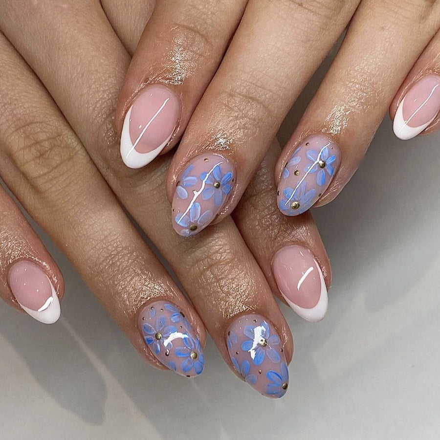 Floral Delight Extra Long Almond Shape Pink and Blue Press On Nail Set with Elegant Gold Accents