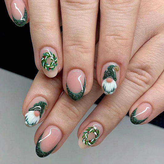 Festive Winter Wonderland Medium Almond Green Glitter Nail Set with Charming Gnome and Wreath Designs