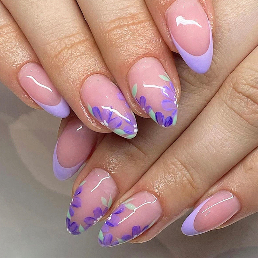 Floral Dream Long Almond Lavender Ombre Press On Nail Set with Hand-Painted Flower Designs