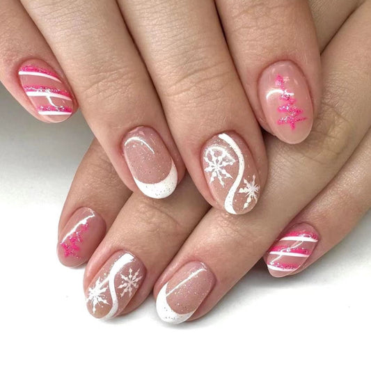 Winter Wonderland Short Oval Pink Glitter Snowflake Press On Nail Set