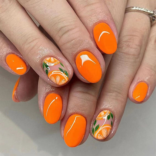 Citrus Burst Medium Oval Press On Nail Set Bright Orange with Floral Design and Glossy Finish