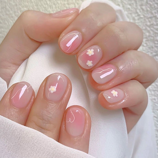 Blossom Dreams Short Oval Pink Gradient Press On Nail Set with Delicate Floral Accents