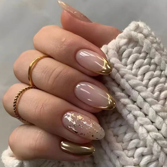 Elegant Gold Glamour Long Oval Press On Nail Set in Beige Pink with Dazzling Gold Foil Accents