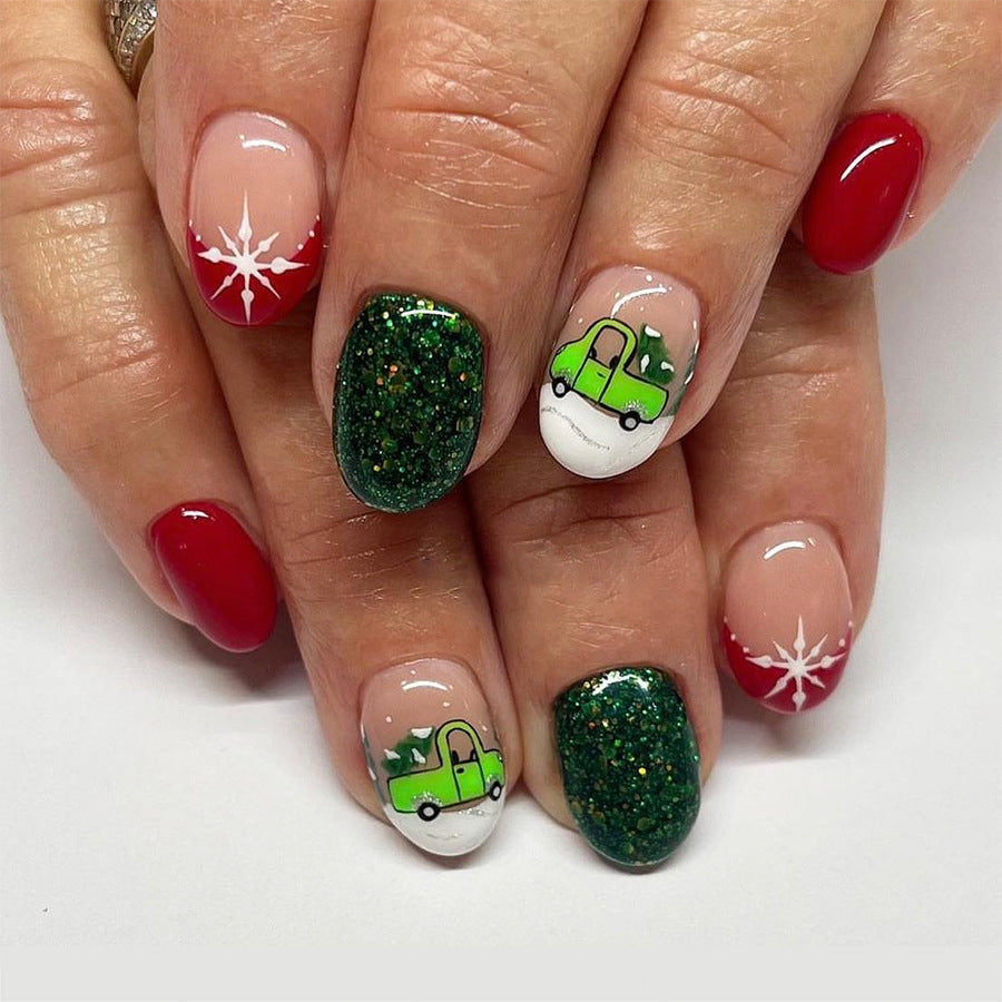 Holiday Cheer Festive Medium Almond Green Glitter Red and White Truck Design Press On Nail Set