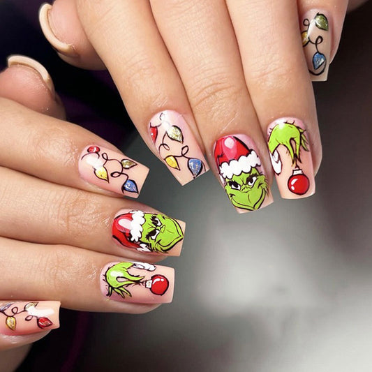 Grinchmas Themed Long Square Red and Green Press On Nail Set with Festive Christmas Character Art