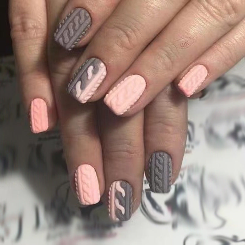 Cozy Knits Medium Square Soft Pink and Gray Textured Press On Nail Set