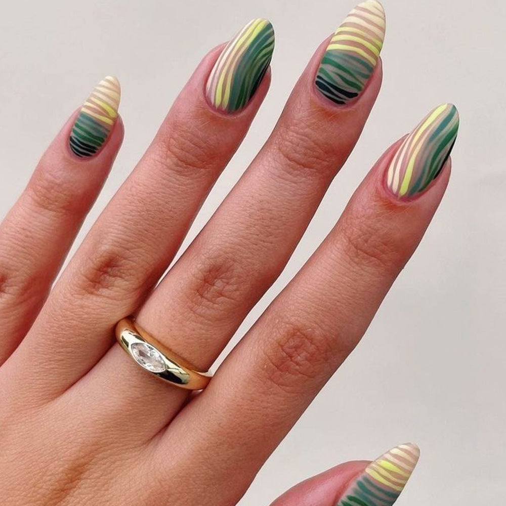 Tropical Oasis Long Almond Multicolor Striped Press On Nail Set with Matte Finish