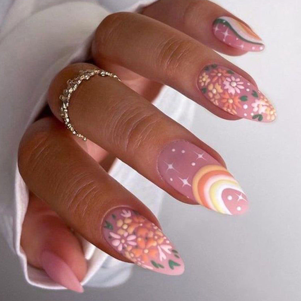 Enchanted Garden Long Almond Pink Floral Pattern Press On Nail Set with Glitter Accents