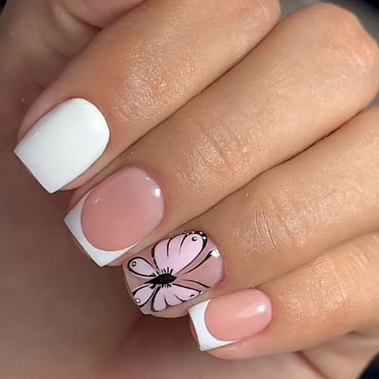 Spring Blossom Medium Square White and Pink Press On Nail Set with Floral Accent