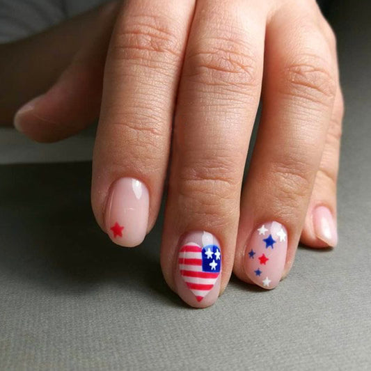 Patriotic Elegance Short Length Squoval Pink Press On Nails with Star Spangled Design