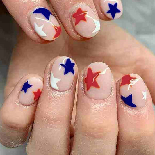 Patriotic Party Short Round Multicolor Star-Spangled Press On Nail Set with Star Accents