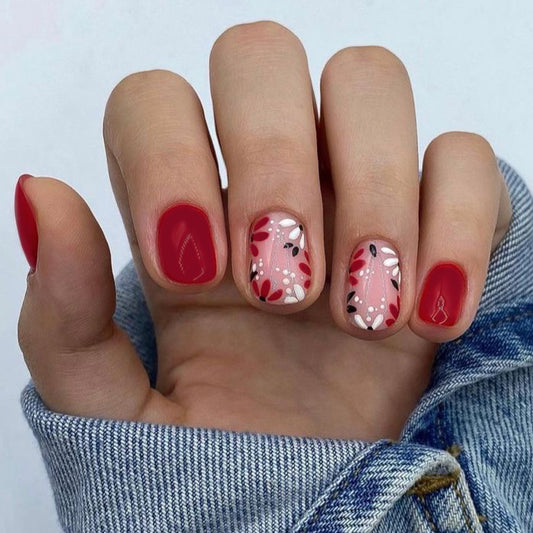 Valentine's Affair Short Length Oval Shaped Press On Nails in Red and Pink with Love Heart Accents