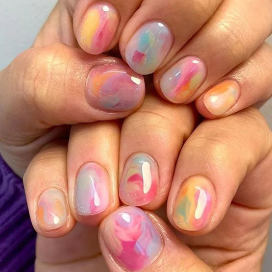 Enchanted Aurora Short Oval Multicolor Iridescent Press On Nail Set with Opalescent Finish