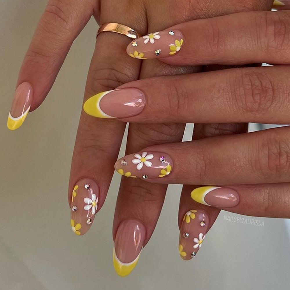 Daisy Delight Long Almond Press On Nails in Beige and Sunshine Yellow with Floral Accents and Rhinestone Embellishments