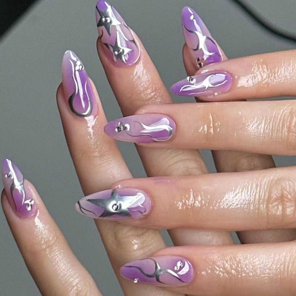 Galactic Glamour Long Stiletto Lavender Press On Nail Set with Silver Accents and Space Motifs