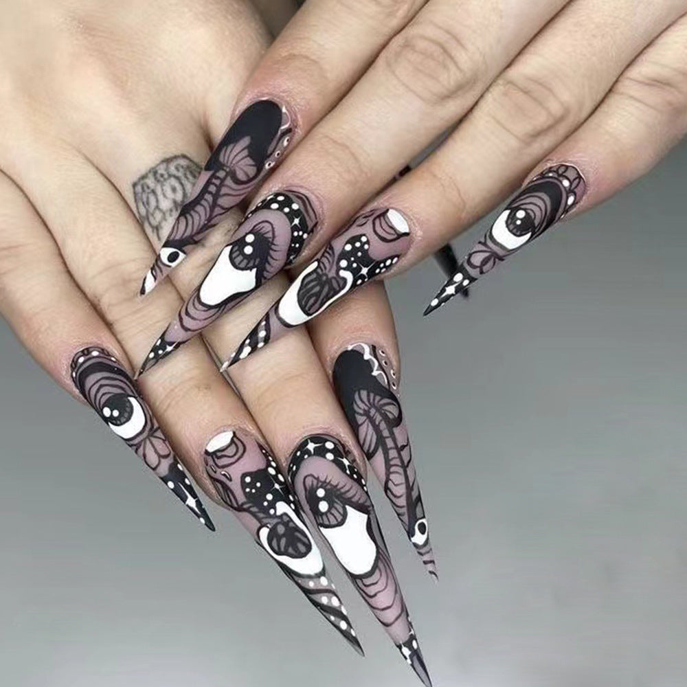 Enchanted Elegance Extra Long Stiletto Black and White Floral Pattern Press On Nail Set