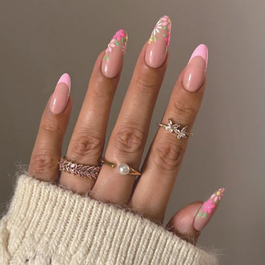 Spring Fling Long Almond Pink Floral Press On Nail Set with Gold Flake Accents