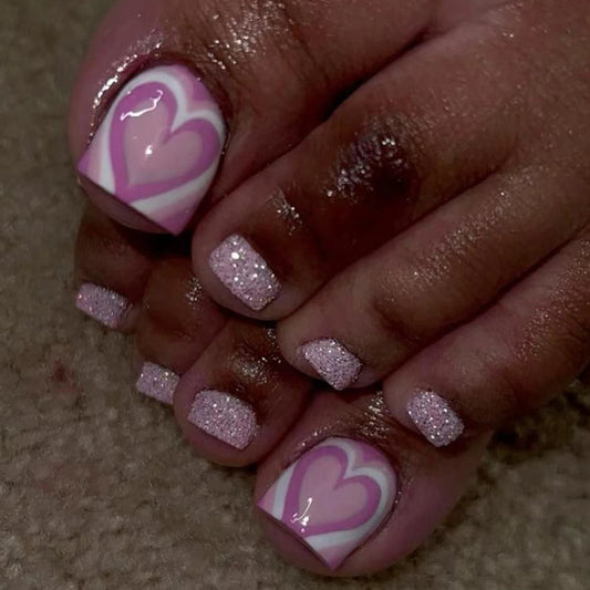 Valentine's Love Short-Length Square Pink Glitter Press-On Nail Set with Heart Accents